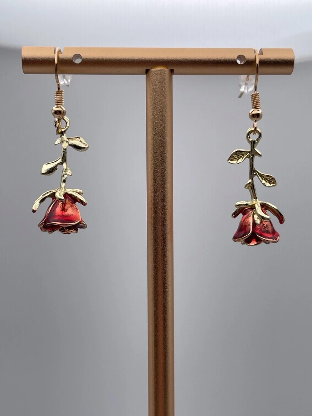 Gold Red Rose Drop Earrings